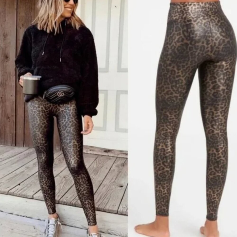 Spanx Faux Leather Leggings Leopard Print Shine Size XL